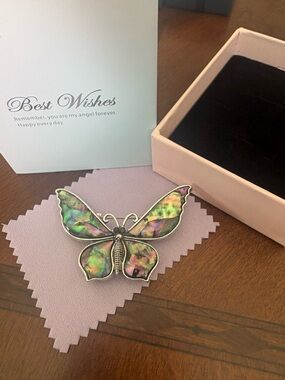 Iridescent Abalone Butterfly Brooch Pin - Pink & Green